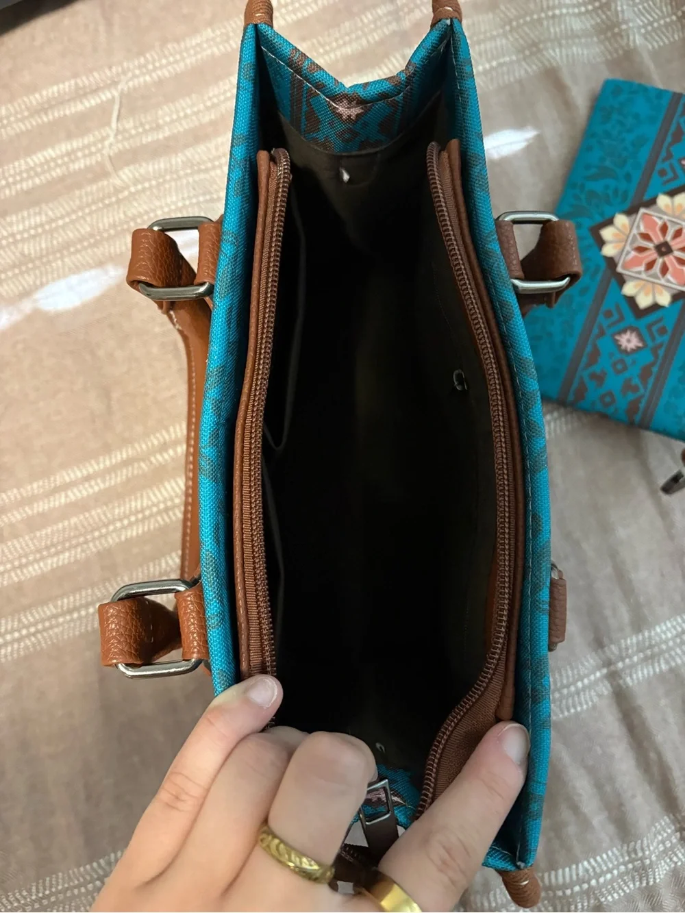 Turquoise and Tan Patterned Tote Bag